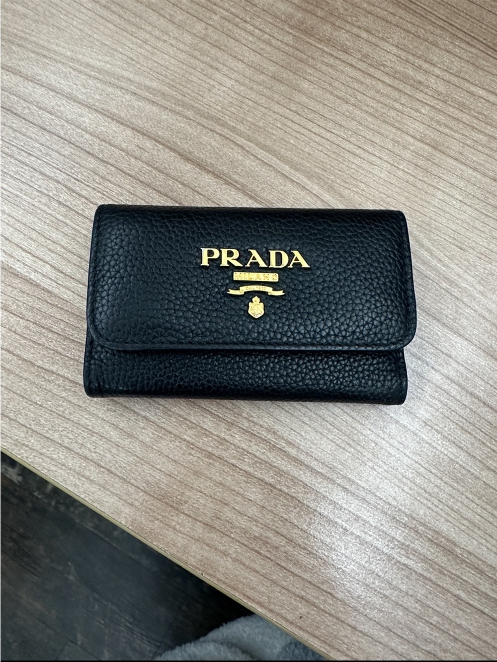 Prada Key Holder- Black Pebbled Leather, Pink Interior, Gold Hardware